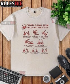 Funny crab gang sign recognition guide graphic on a washed t-shirt, showcasing vibrant colors and playful design.