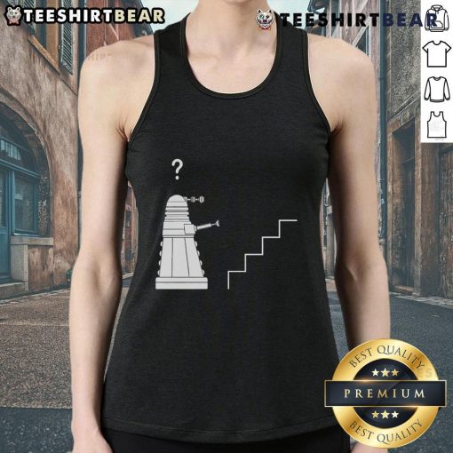 Funny Dalek stairs parody featuring a confused Dalek robot in a tank top from Doctor Who, adding humor to sci-fi themes.