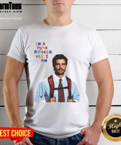 Alt Text: David Corenswet wearing a humorous I'M A Punk Rocker Yes I Am T-shirt, showcasing his fun style and personality.