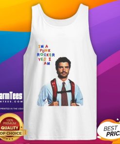 Alt Text: David Corenswet in a humorous I'm a Punk Rocker, Yes I Am tank top, showcasing a fun punk style.