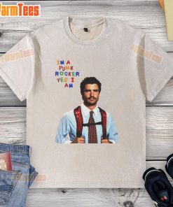 Alt Text: Funny David Corenswet wearing a punk rocker Yes I Am washed t-shirt, showcasing his playful style and personality.