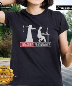 Funny Deadline Programmer Grim Reaper looming over coder at desk, perfect for ladies' tee showcasing programmer humor.
