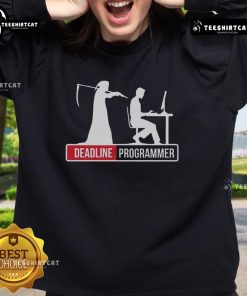 Funny sweatshirt featuring a Grim Reaper standing behind a stressed coder at a desk, highlighting programmer deadlines.