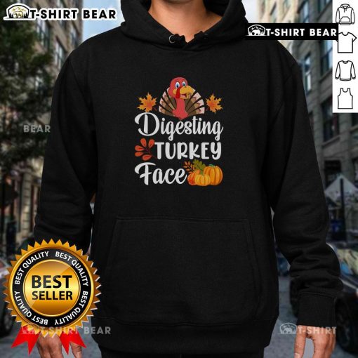 Funny Digesting Turkey Face Thanksgiving Hoodie featuring a humorous turkey graphic, perfect for holiday celebrations.