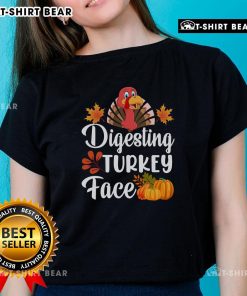 Funny digesting turkey face graphic on a Thanksgiving ladies tee, perfect for holiday celebrations and family gatherings.