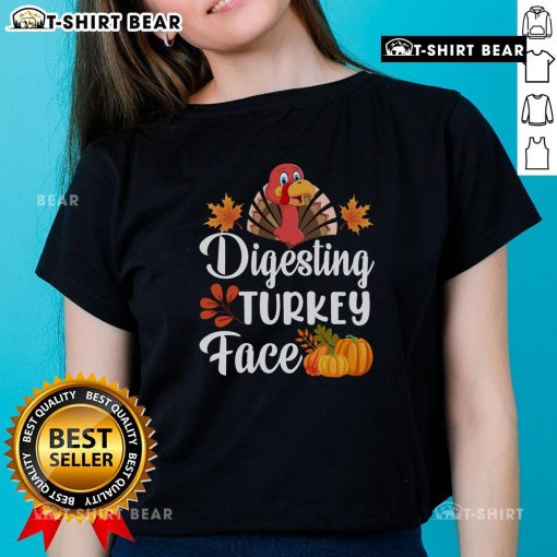Funny digesting turkey face graphic on a Thanksgiving ladies tee, perfect for holiday celebrations and family gatherings.