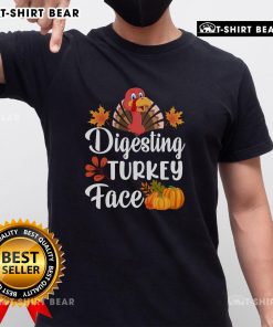 Funny Digesting Turkey Face Thanksgiving T-Shirt featuring a humorous turkey graphic, perfect for holiday celebrations.