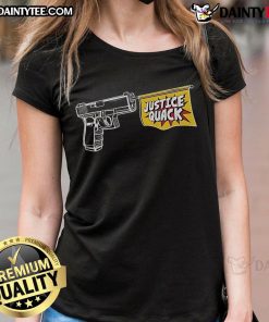 Funny Donut Operator Justice Quack Ladies Tee featuring a humorous donut graphic and playful text design for women.