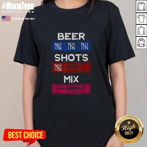 Funny drinking tally shirt for ladies featuring beer and shots tracker design, perfect for party and mix events.