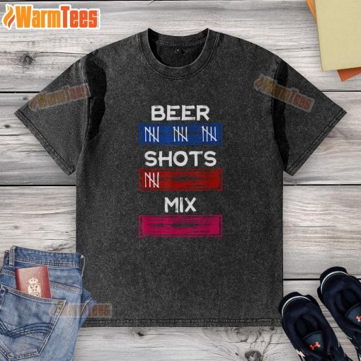 Alt Text: Funny Drinking Tally Shirt featuring beer and shots mix party tracker design on a washed t-shirt for fun gatherings.