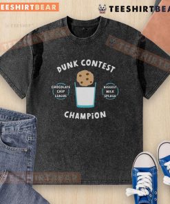 Funny dunk contest champ making the biggest milk splash, wearing a washed t-shirt, showcasing chocolate chip league spirit.
