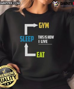 Alt Text: Funny Eat Sleep Gym sweatshirt design showcasing a humorous take on fitness lifestyle and dedication to workouts.