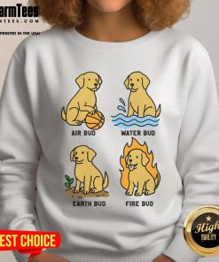Adorable dog in a funny elemental bud sweatshirt, blending style and humor for pet lovers and fashion enthusiasts.