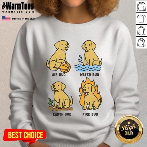 Adorable dog in a funny elemental bud sweatshirt, blending style and humor for pet lovers and fashion enthusiasts.