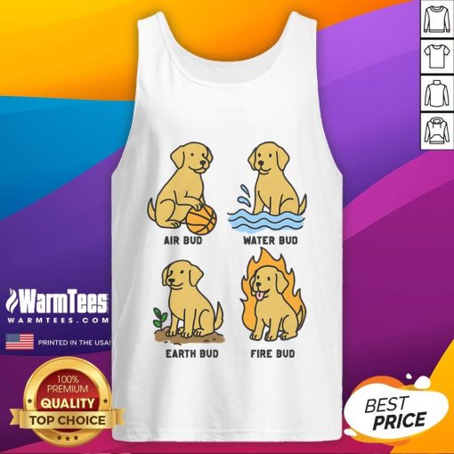Cute dog wearing a Funny Elemental Bud tank top, showcasing a playful and stylish pet fashion for dog lovers.