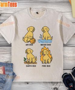 Alt Text: Cute dog wearing a funny elemental-themed washed t-shirt, showcasing its playful personality and adorable style.