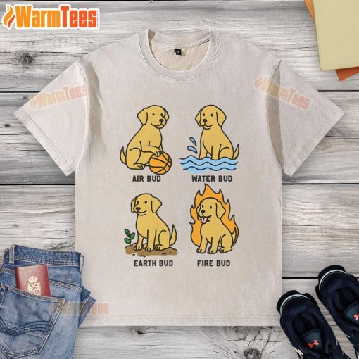 Alt Text: Cute dog wearing a funny elemental-themed washed t-shirt, showcasing its playful personality and adorable style.