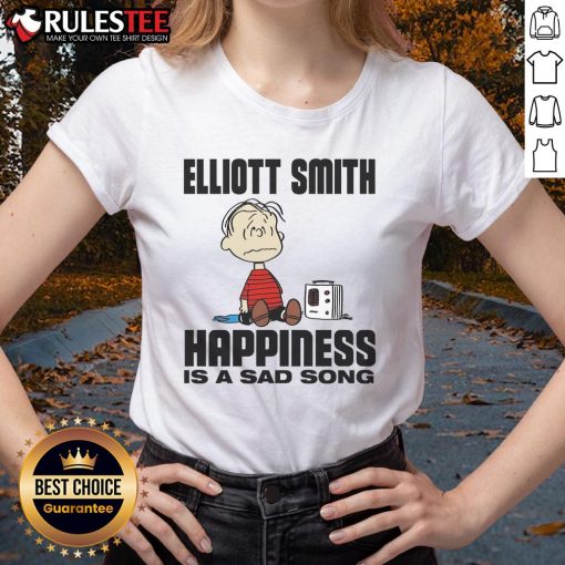 Funny Elliott Smith 'Happiness Is A Sad Song' Peanuts ladies tee featuring playful graphics and vibrant colors.