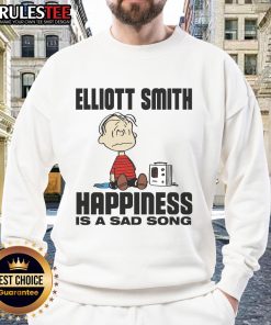 Funny Elliott Smith 'Happiness Is A Sad Song' Peanuts sweatshirt featuring vibrant graphics and playful design.