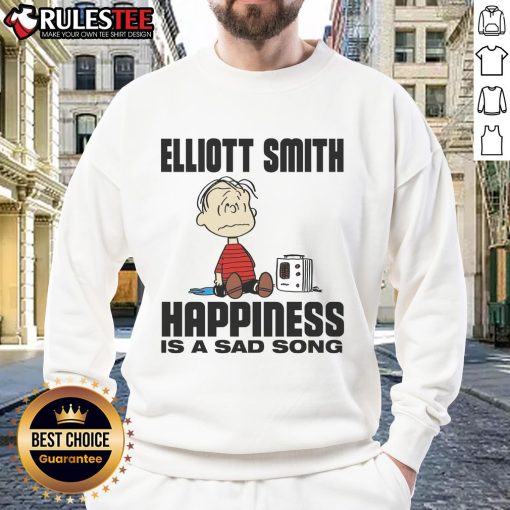 Funny Elliott Smith 'Happiness Is A Sad Song' Peanuts sweatshirt featuring vibrant graphics and playful design.