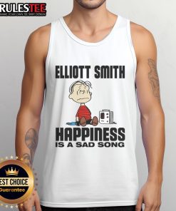 Funny Elliott Smith 'Happiness Is A Sad Song' Peanuts tank top featuring playful graphics and vibrant colors.