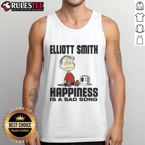 Funny Elliott Smith 'Happiness Is A Sad Song' Peanuts tank top featuring playful graphics and vibrant colors.