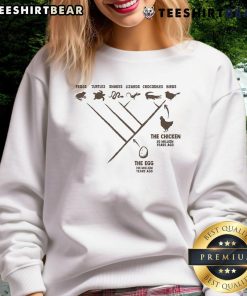Funny evolution diagram of the chicken and the egg on a sweatshirt, showcasing humor in biology and lifes mysteries.
