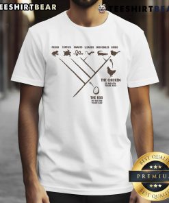Alt Text: Funny evolution diagram on a T-shirt depicting the chicken and the egg, perfect for humor lovers and science enthusiasts.