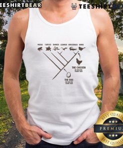 Funny evolution diagram tank top featuring the chicken and the egg, showcasing humor in evolutionary theory.