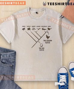 Funny evolution diagram of the chicken and the egg on a washed T-shirt, showcasing humor and clever design.