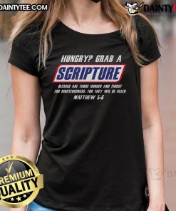 Funny Famous Scripture Gifts: Bible Verse Candy Bar Parody Ladies Tee with humorous design and vibrant colors.