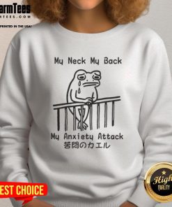 Alt Text: Funny frog graphic on a sweatshirt with 'My Neck, My Back, My Anxiety Attack' text, perfect for casual wear.