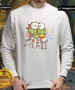 Alt Text: Cute sweatshirt featuring a funny frog playing a drum, perfect for animal lovers and humor enthusiasts.