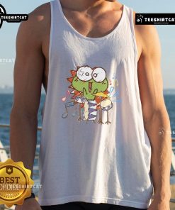 Alt Text: Cute tank top featuring a funny frog with a drum, perfect for animal lovers and quirky fashion enthusiasts.