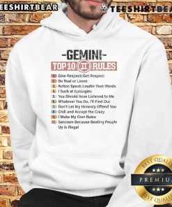 Funny Gemini Zodiac Sign hoodie featuring the top 10 Gemini rules list, perfect for astrology lovers and fashion enthusiasts.