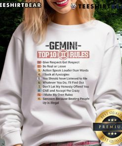 Funny Gemini zodiac sign sweatshirt featuring top 10 Gemini rules list, perfect for astrology lovers and stylish wear.
