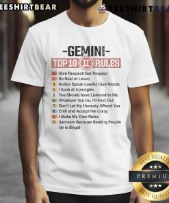 Funny Gemini Zodiac Sign T-Shirt featuring a Top 10 Gemini Rules list in vibrant colors, perfect for astrology lovers.