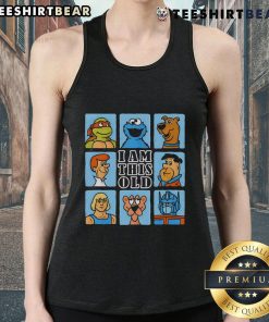Funny Gen X cartoon on a tank top featuring 'Old? I am this old!' with humorous graphics, perfect for vintage style lovers.