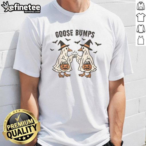 Funny Goose Bumps Halloween T-shirt featuring a ghost and goose fist bump design, perfect for spooky season celebrations.