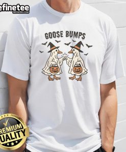 Funny Goose Bumps Halloween T-shirt featuring a ghost and goose fist bump design, perfect for spooky season celebrations.