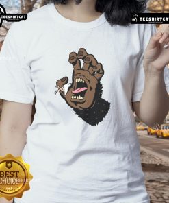 Funny gorilla hand graphic on a monster hand ladies tee, perfect for playful and quirky fashion statements.