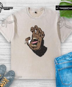 Funny Gorilla Hand Monster graphic on a hand-washed T-shirt, showcasing a playful design perfect for animal lovers.