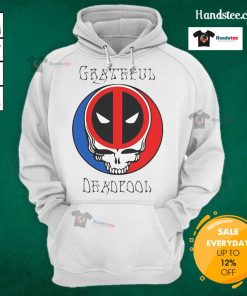 Alt Text: Funny Grateful Deadpool skull logo hoodie featuring a playful design perfect for fans of Deadpool and graphic apparel.