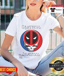 Alt Text: Funny Grateful Deadpool skull logo on a ladies tee, blending humor and pop culture in vibrant colors.