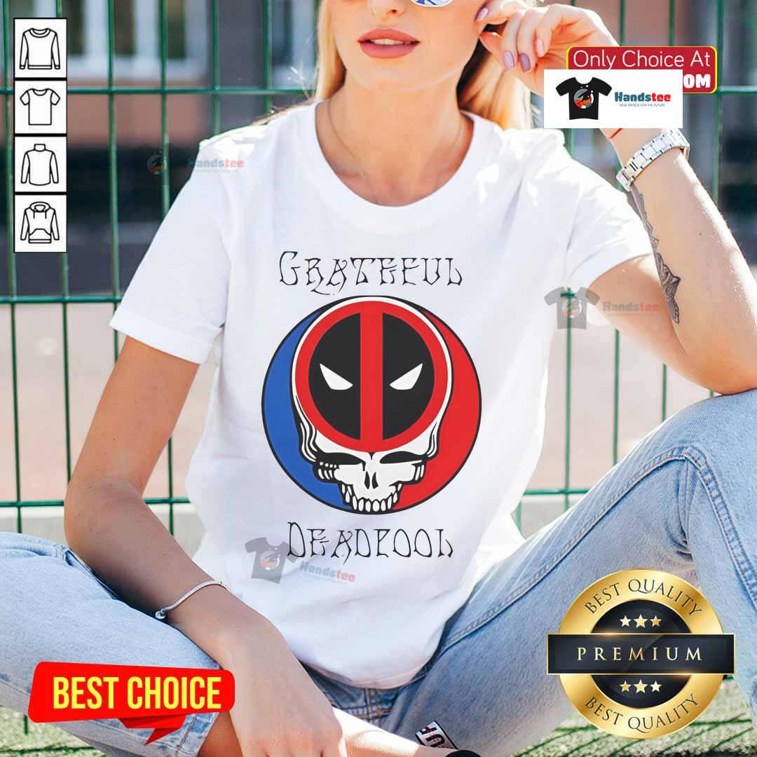 Funny Grateful Deadpool Skull Logo Ladies Tee Alt Text: Funny Grateful Deadpool skull logo on a ladies tee, blending humor and pop culture in vibrant colors.