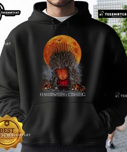 Funny Halloween Game of Thrones parody with Iron Throne pumpkin and skull bear hoodie, perfect for spooky season.