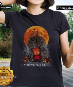 Funny Halloween Game of Thrones parody tee featuring Iron Throne pumpkin skull design for ladies.