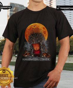 Funny Halloween Game of Thrones parody t-shirt featuring Iron Throne, pumpkin, skull, and bear design.