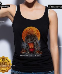 Funny Halloween Game of Thrones parody tank top featuring a pumpkin skull on the Iron Throne design.