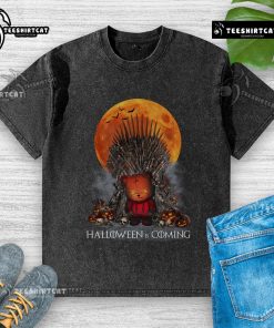 Funny Halloween Game of Thrones parody t-shirt featuring Iron Throne, pumpkin, and skull design, perfect for festive humor.